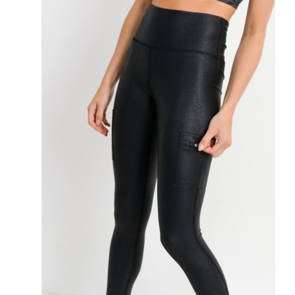High Waisted Faux Leather Athletic Leggings - Picture 3 of 12